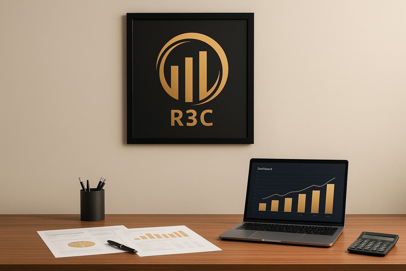 Bureau R3C avec logo de l'entreprise, tableau de bord financier et documents comptables