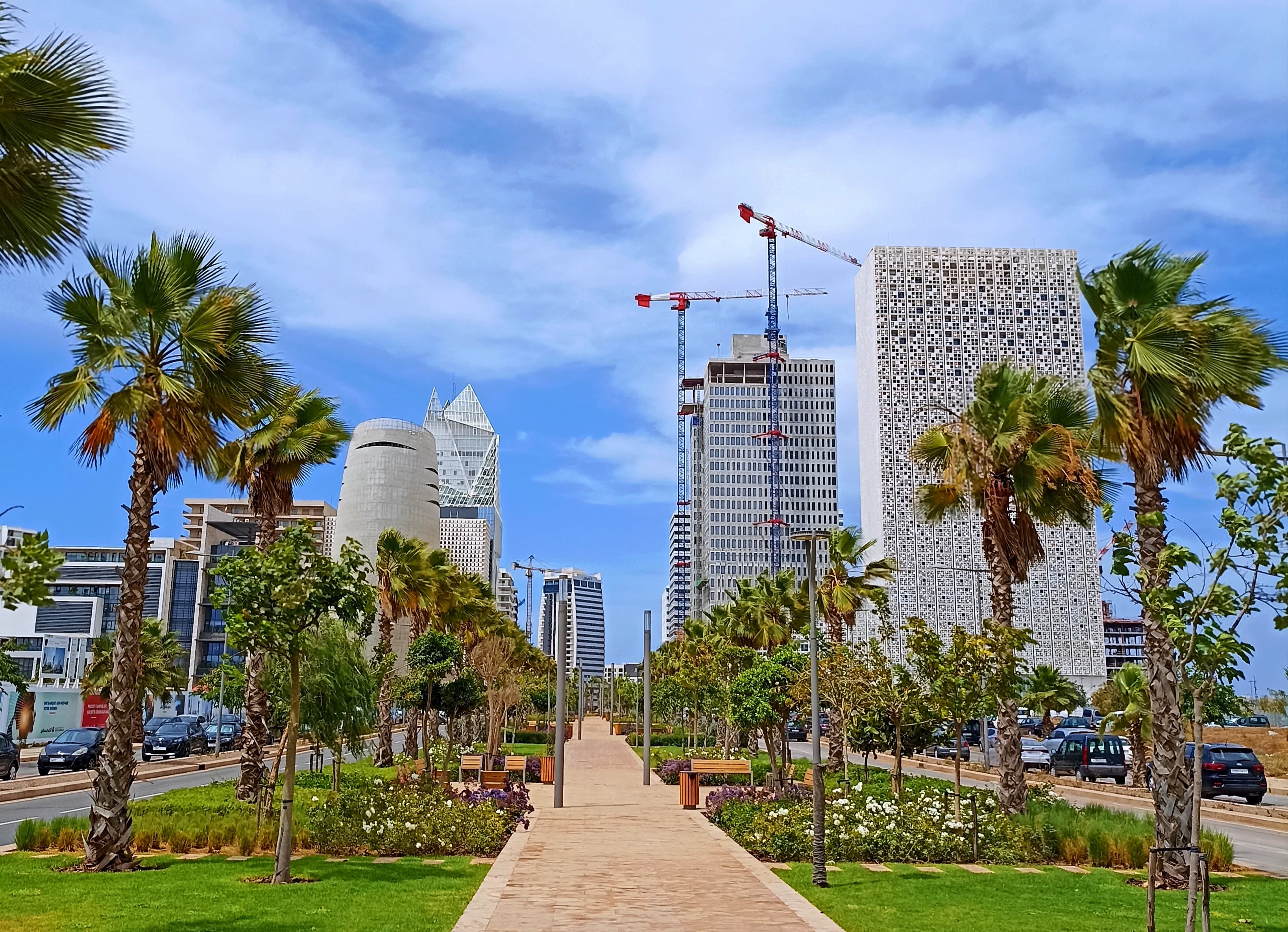 Skyline du quartier d'affaires de Casablanca avec palmiers